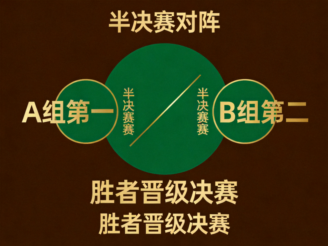半决赛对阵图，深棕底色上的绿色圆形与金色对角图形