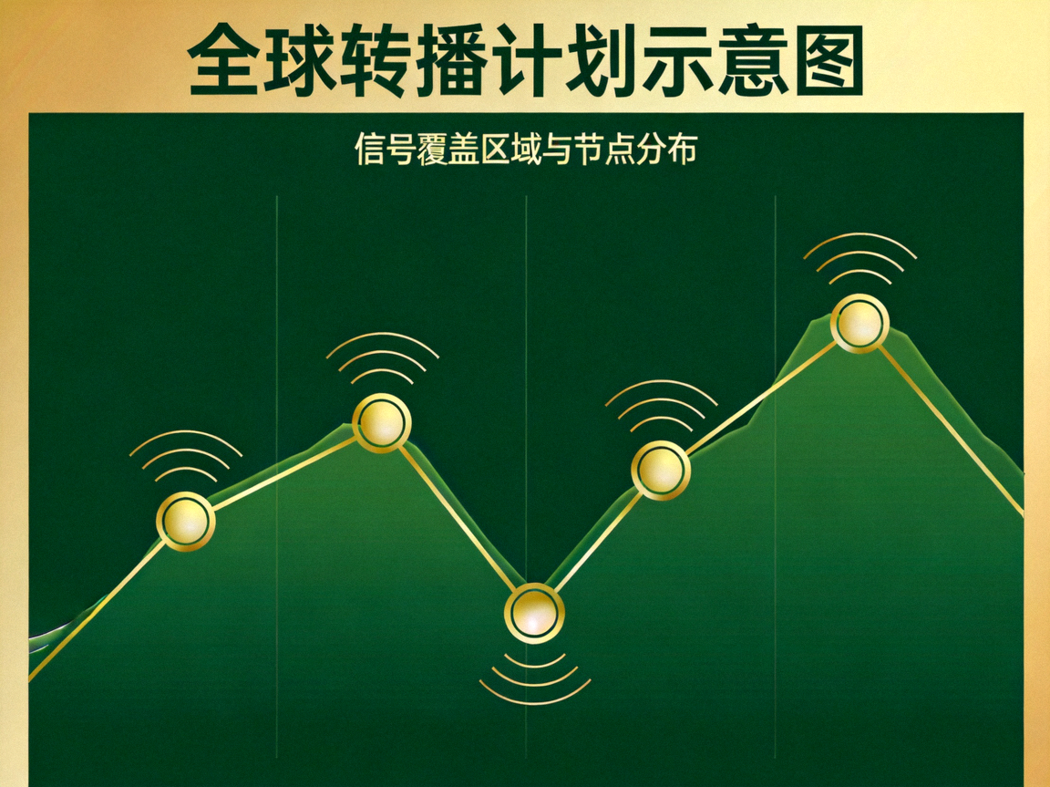 全球转播计划示意图，深绿色山形折线与金色圆形信号标识