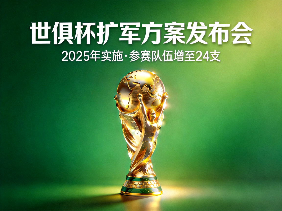 世俱杯扩军方案发布会现场的绿色背景与金色奖杯图形